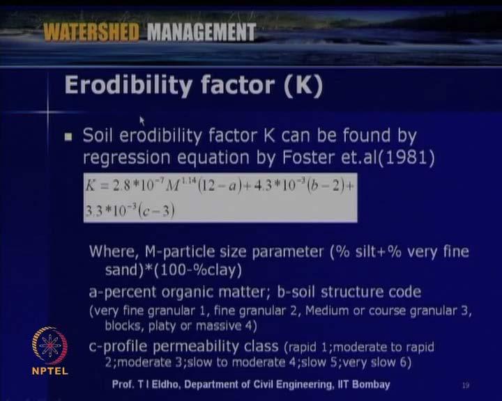 (Refer Slide Time: 38:15) Then Erodibility factor K, it is indicates the soil Erodibility factor K can be found by regression equation as reported by foster, a number of equations are available one