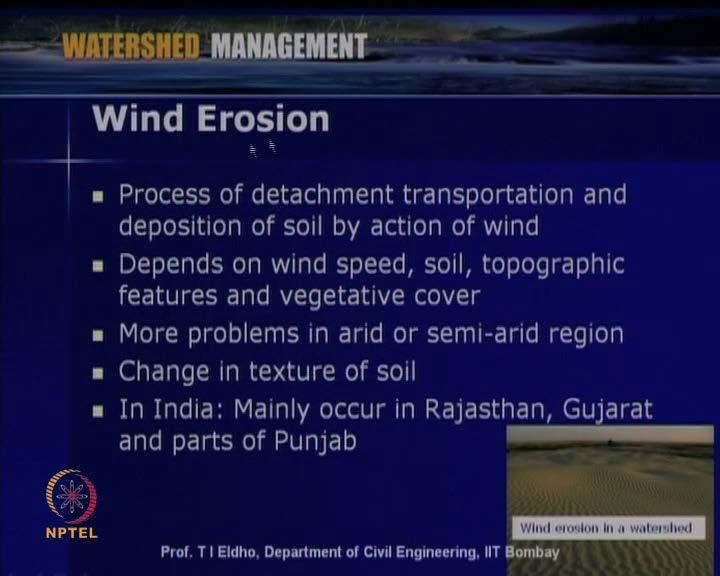 (Refer Slide Time: 43:17) So, here let us discuss about the wind Erosion. So, wind erosion. So, it is a process of detachment transportation, and deposition of soil by action of wind.
