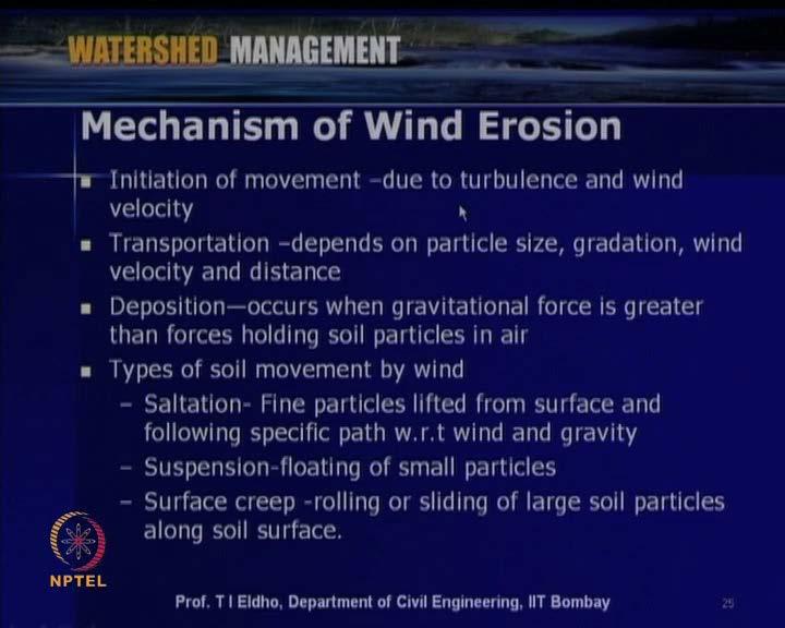 (Refer Slide Time: 44:41) So, now let us look into the Mechanism of wind erosion, as far as wind erosion is concerned, the wind erosion first there is initiation of movement.