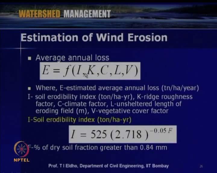 (Refer Slide Time: 46:35) So, this wind erosion is concerned the average annual loss, we can generally represent as a function of E is equal to as a function of I, K, C, L, V; where E is the