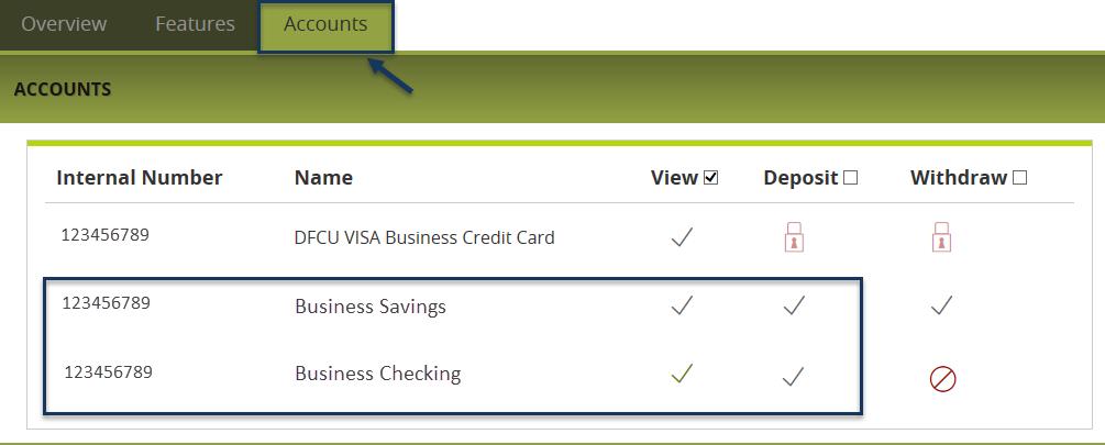 4. Select the Accounts tab and click the icon in the View, Deposit or Withdraw columns to configure access.