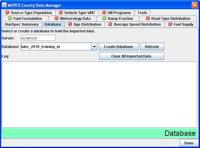 MOVES County Data Manager Tabs used to