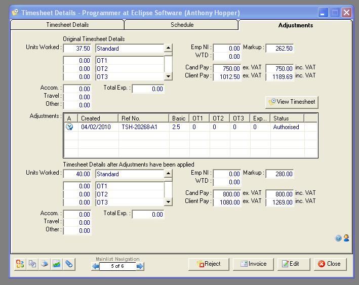 Details of the original timesheet, the adjustment and the new timesheet value can be viewed on the Adjustments tab within the timesheet record Until a timesheet undergoes an adjustment, this tab is