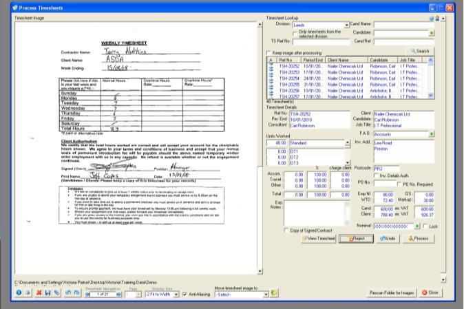 The Reject button is found at the bottom of the screen. Timesheets can be rejected at the processing and authorising stage when using the faxed image method.