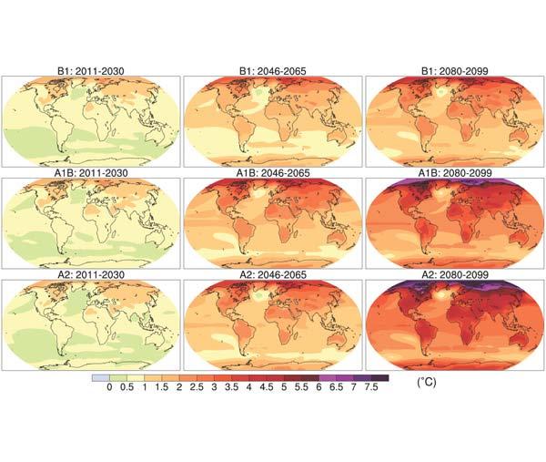 Figure 7: Global distribution of temperature increases for three scenarios (in