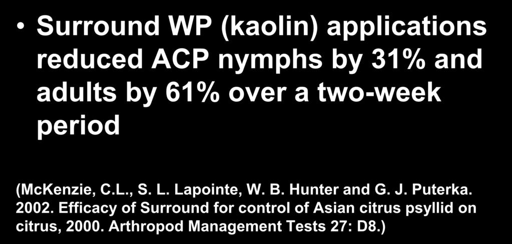 Previous Kaolin Studies Surround WP (kaolin) applications reduced ACP nymphs by 31% and adults by 61% over a two-week period (McKenzie, C.L., S. L.