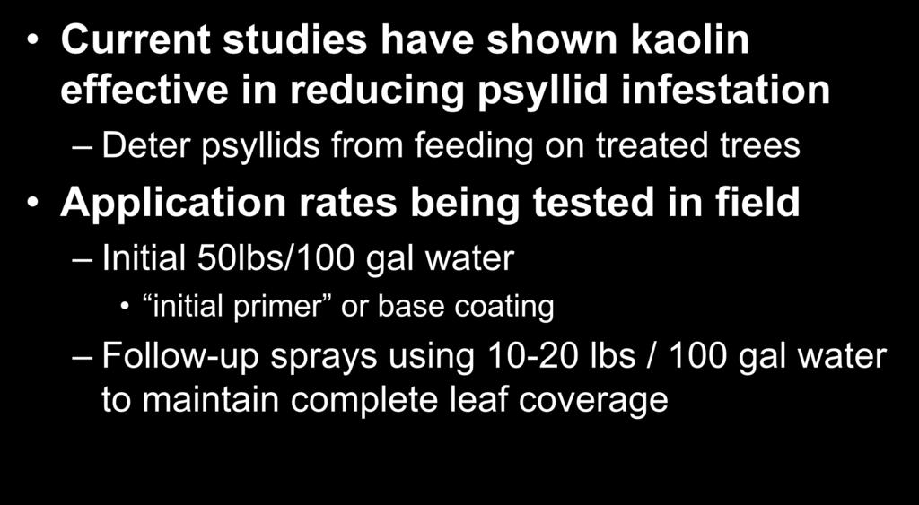 Use of Kaolin for psyllid control Current studies have shown kaolin effective in reducing psyllid infestation Deter psyllids from feeding on treated trees Application