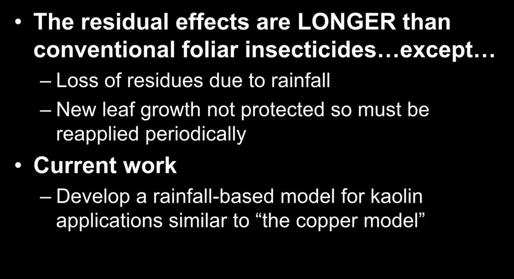 Use of Kaolin for psyllid control The residual effects are LONGER than conventional foliar insecticides except Loss of residues due to rainfall New