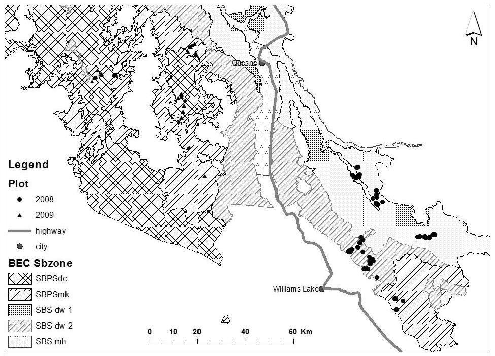 Figure. Location of plots in 2008 and 2009. Summary of Data The augmented modeling dataset used in this study by species and zone is given in Table.