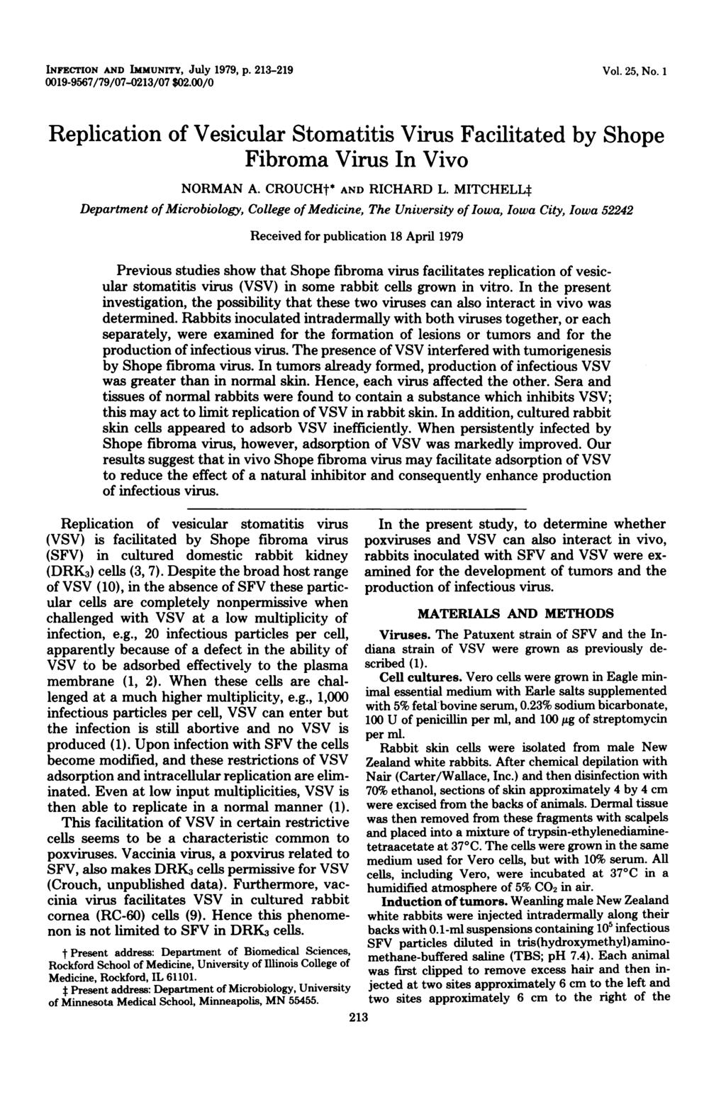INFECTION AND IMMUNITY, July 1979, p. 213-219 0019-9567/79/07-0213/07 $02.00/0 Vol. 25, No. 1 Replication of Vesicular Stomatitis Virus Facilitated by Shope Fibroma Virus In Vivo NORMAN A.