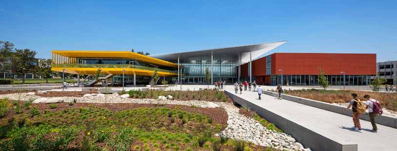 On track for LEED Silver certification, the building is designed in a U-shaped plan with a food court and cafeteria located in the center of the facility, a one-story bookstore wing to