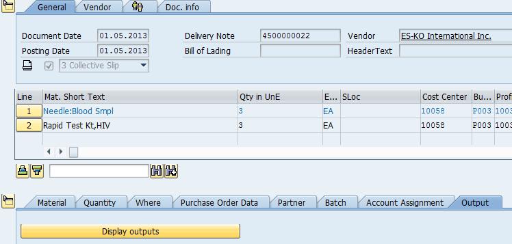 Data Output from Umoja ECC The steps to confirm the data output from Umoja ECC from the Material Document are as follows: Under the Item Details section, click