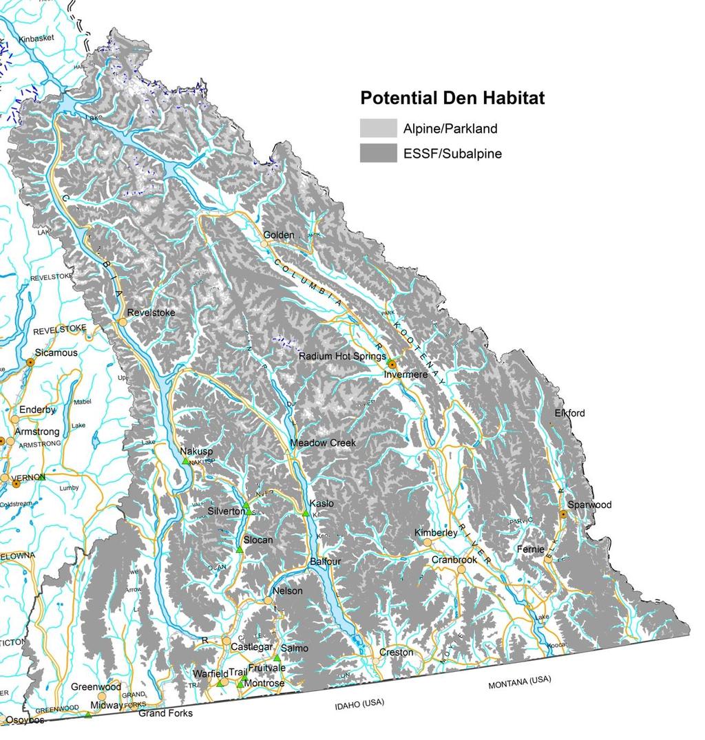 Figure 37. Potential Grizzly Bear denning habitats in the Kootenay Boundary Region. Table 37. Guidance on disturbance buffers for a Grizzly Bear den.
