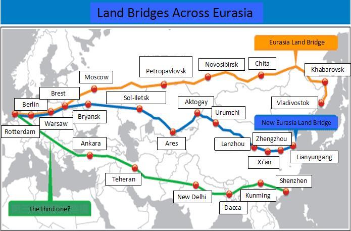 B. Major RWICT routes in the Asia-Pacific region In the Asia-Pacific Region, three major land bridges stand out: the first Eurasia Land Bridge, the second Eurasia Land Bridge and North American Land