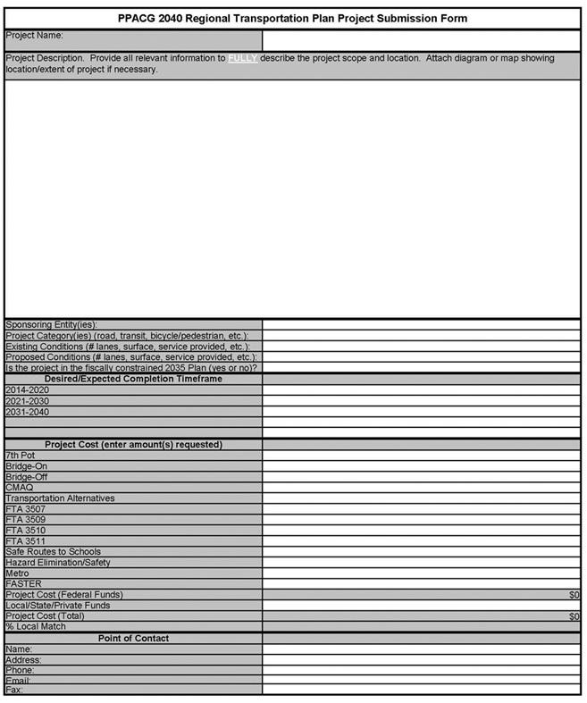 In May 2014, PPACG issued a call for projects to member governments to be considered for inclusion in the plan. Figure 4-1 is a sample project submission form.