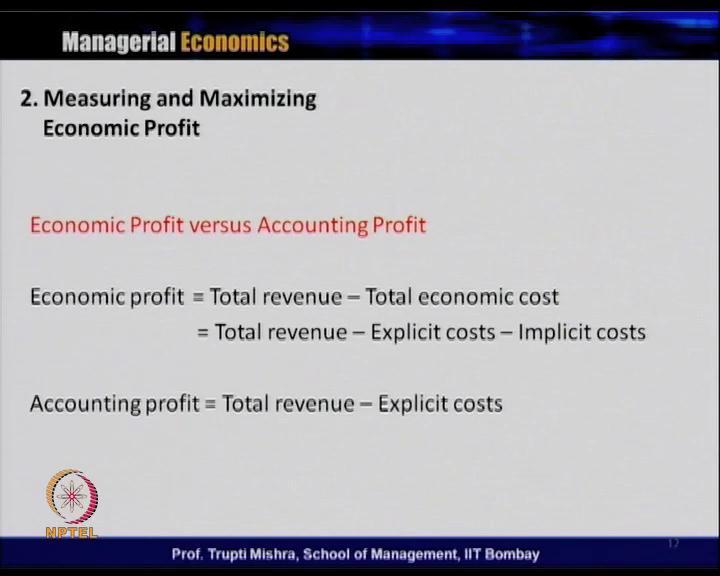 (Refer Slide Time: 20:46) The difference between the revenue and the cost is profit. We will see two types of profit here. One is economic profit and second one is accounting profit.