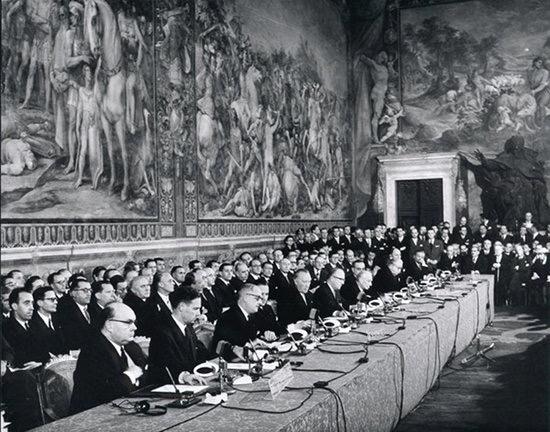 The signing ceremony of the Treaty of Rome at the Palazzo