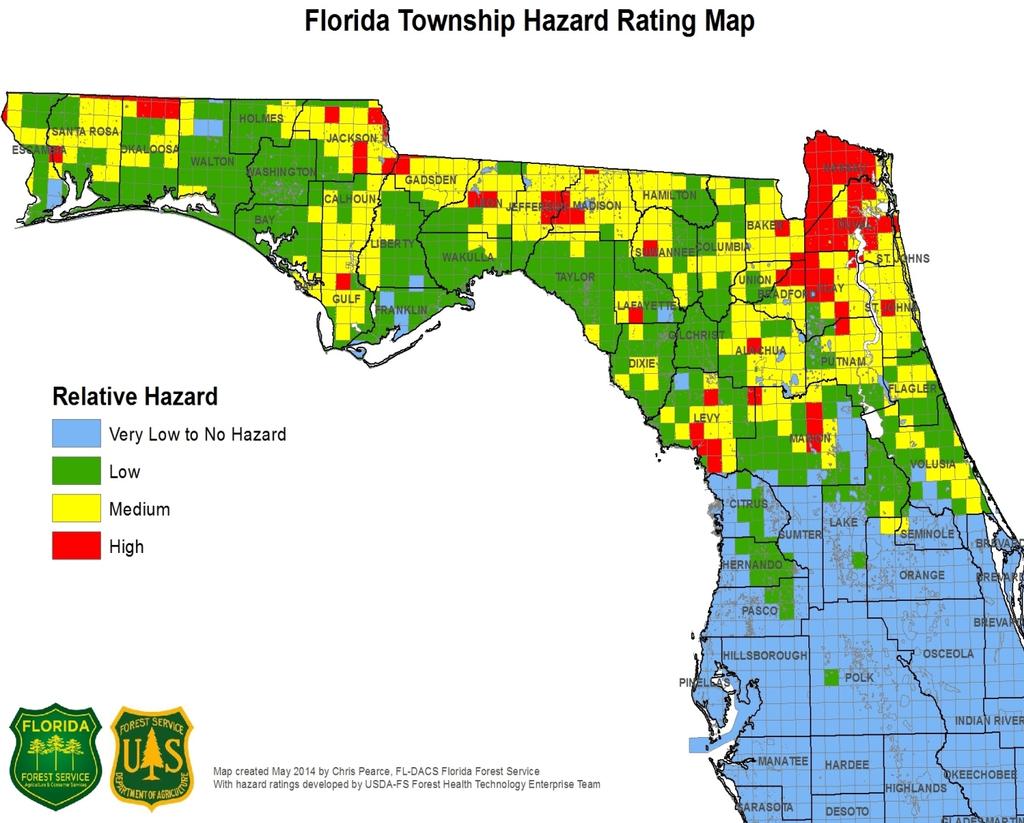 Figure 2: The Southern Pine Beetle Florida Township Hazard Rating Map is based on a model developed by the USDA Forest Service Forest Health Technology Enterprise Team as part of a hazard mapping