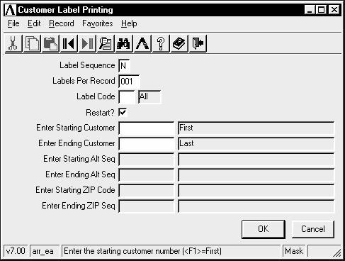 Customer Label Printing The Customer Label Printing task prints mailing labels for each customer based on the options entered.
