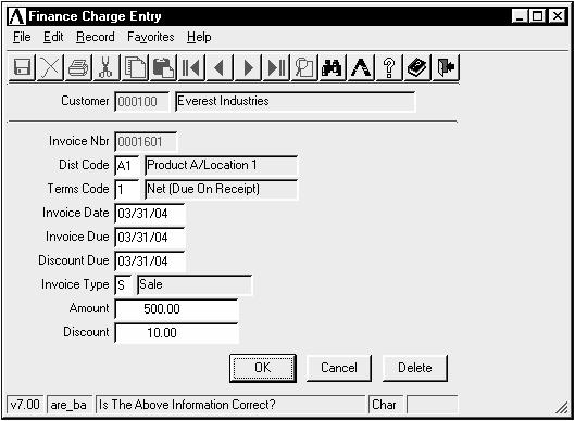 Finance Charge Entry The Finance Charge Entry task allows you to enter finance charges for individual customers or modify finance charges automatically created by the Finance Charge Creation task.