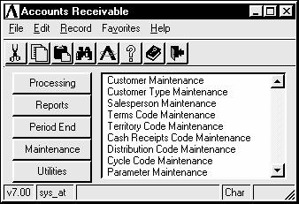Accounts Receivable Maintenance Accounts Receivable Maintenance Menu Function The Accounts Receivable Maintenance Menu provides access to the Customer Masterfile as well as the supporting codes used