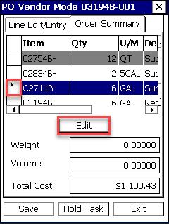 On the order summary, you can see the item, quantity, unit of measure (U/M), and description of the item if you scroll right across the screen. The arrow on the left hand side (Fig.