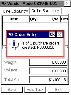 Up to this point, the purchase order is in the memory of the handheld inventory gun. Note: There is no check to determine if a product added is associated with a vendor on a P.O.