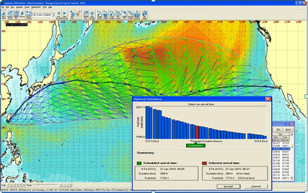 The route optimization is performed on a user defined grid using weather assembly process and taking into account safe operating limits imposed by the mariner and ship responses (Chen, 2011).