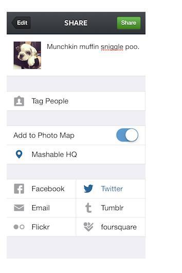 SHARING Take Photo; Edit; Click Next Social sharing screen Write text Add keywords