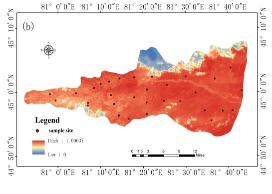 Use of space distribution of TVDI to calculate the surface soil moisture content space distribution of study area in June 5, 2013, described the map as Figure 4a.