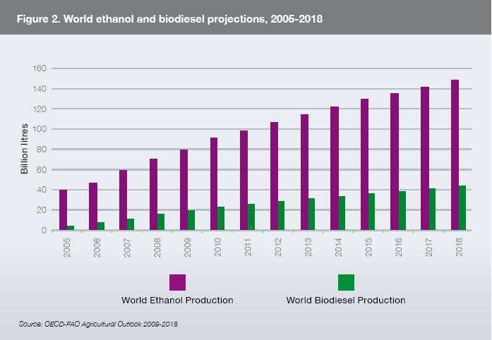 World bio-ethanol and bio-diesel production is projected to be doubled in 20 years between 2009 and 2018; increasing