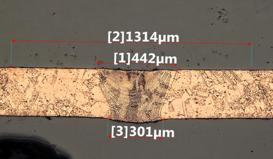 Fig 7a. Cross section results for 254 µm Copper @ 275 Watts, 0.3 m/min Fig 7b. Cross section results for 254 µm Copper @ 275 Watts, 0.6 m/min conduction mode 3.3. Bead-on-Plate on 500 µm Copper Tests were conducted at 275 Watts on a 500 µm thick copper plate (Figure 8).