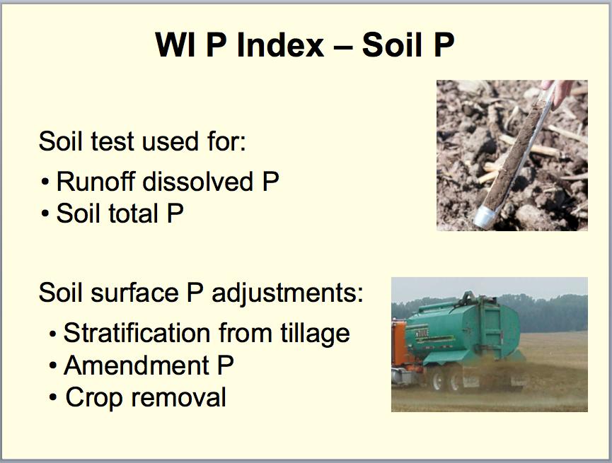 As in many of the process-based P Indices, soil test P is used to estimate runoff dissolved P and sediment P concentrations. We use coefficients derived from research on Wisconsin soils.
