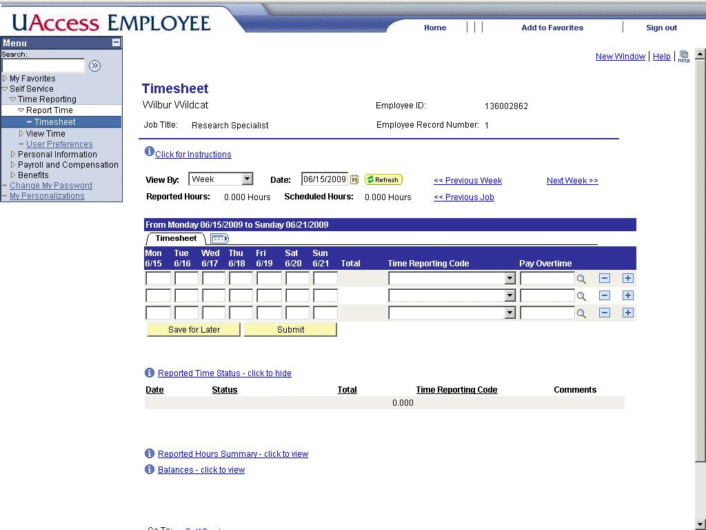 15. Notice the Employee Record Number for the Research Specialist job is 1. 16. Now report 16 hours for the Research Specialist job. Type the desired information into the 6/16 field.
