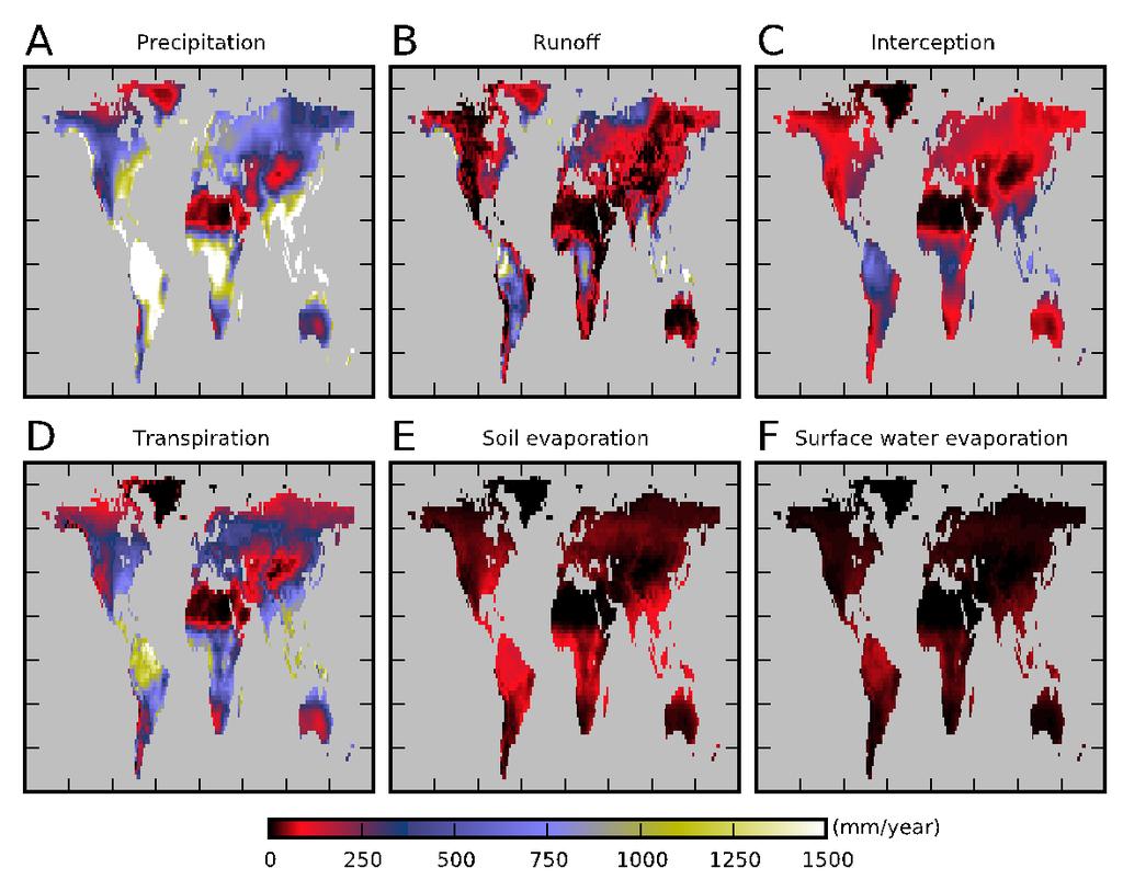 Fig. S3 Partitioned estimates of global hydrologic fluxes: Global mean annual precipitation (A) is partitioned into either runoff (B) or