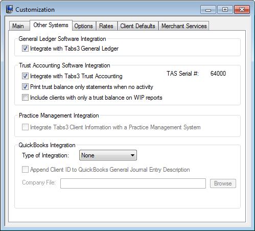 To enable GLS integration in Tabs3 1. In Tabs3, open Customization (Utilities Customization) 2. Click the Other Systems tab (Figure 12), and select the Integrate with Tabs3 General Ledger check box.