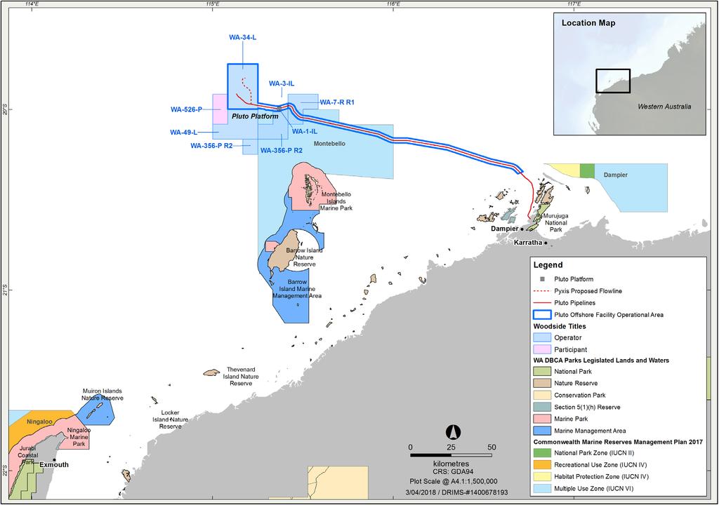 About the operations Location The Pluto Platform is located in Commonwealth waters approximately 174 km north-west of Karratha, adjacent to the Multiple Use Zone of the Montebello Commonwealth Marine