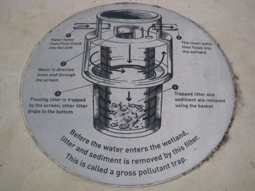 3. Location: Gross pollutant or Sediment trap Water travels underground from First Creek to the gross pollutant trap buried under your feet.