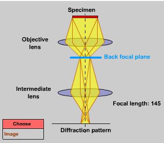 The lens can be focused on initial image formed by the objective lens, or Diffraction pattern formed in the