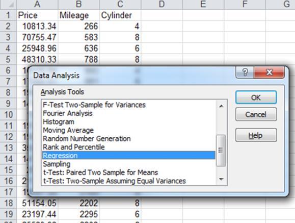 docx Step 4: Open Data Analysis menu and choose Regression We have three columns, Price is first and is our predicted Y variable (Choose this column for Input Y Range ) Mileage and cylinder are next
