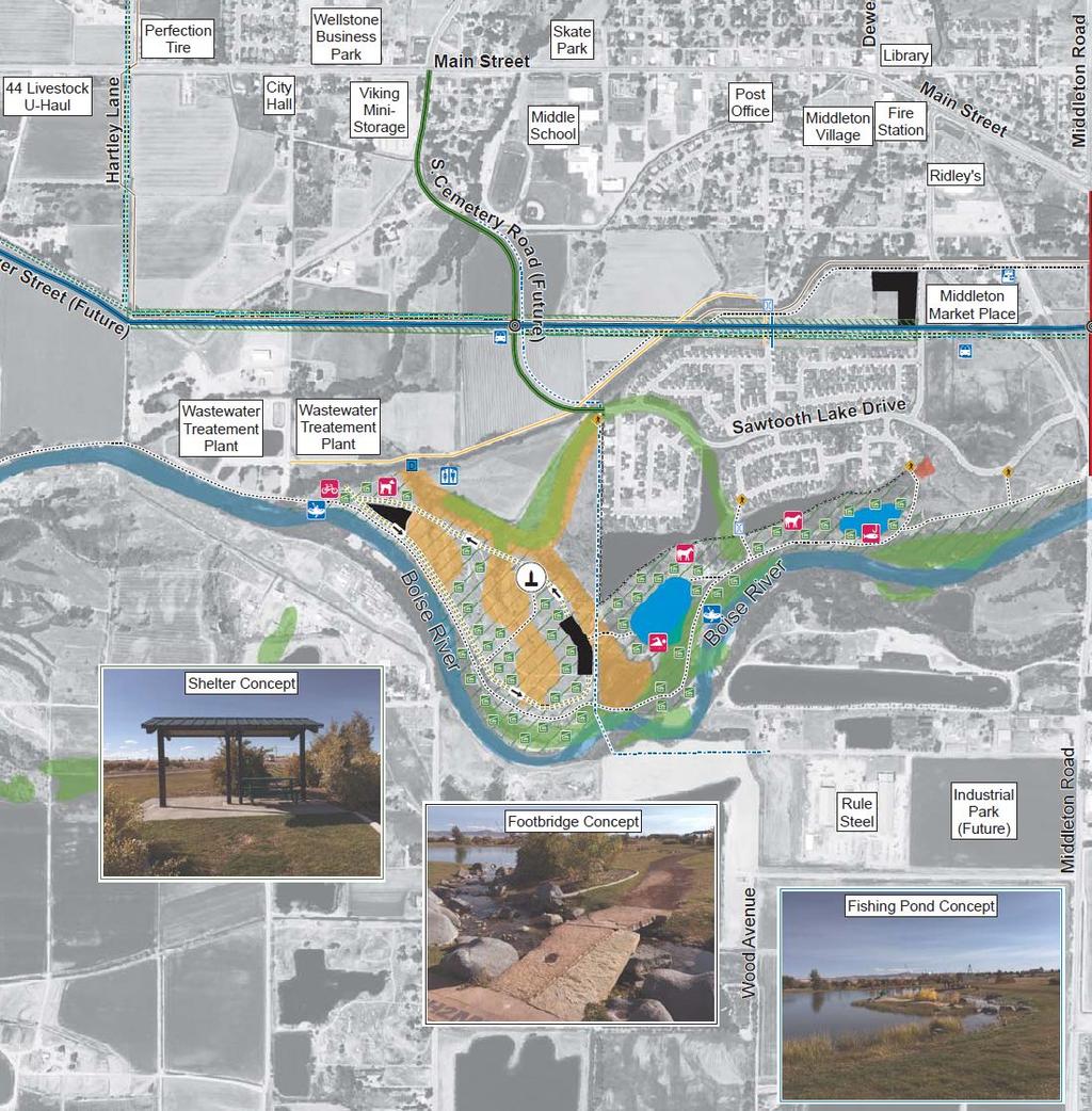 Figure C Middleton City River District Concept Plan showing location of the automatic weir (small dark blue box labeled D ) and some of the areas for land application of sediment and phosphorus