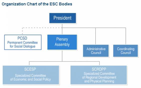 In schematic terms, the bodies of the Portuguese ESC may be represented by the following chart: The main role of the Portuguese ESC consists of issuing opinions on documents or specific matters