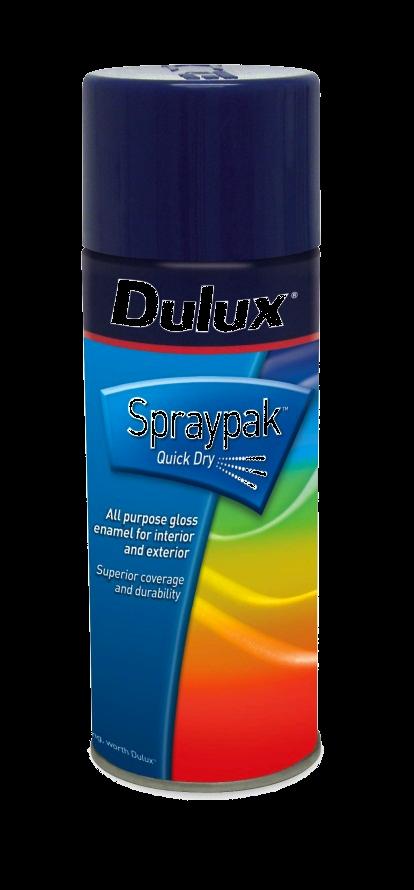 For small or irregular shaped projects. Dulux Spraypak Aerosol cans For small jobs Dulux Spraypak aerosol cans are ideal. Included in the range is a anti corrosive primer for metal.