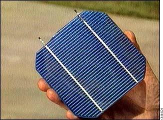 Solar energy (cont.) A single PV solar cell metal strips provide electrical conduction.