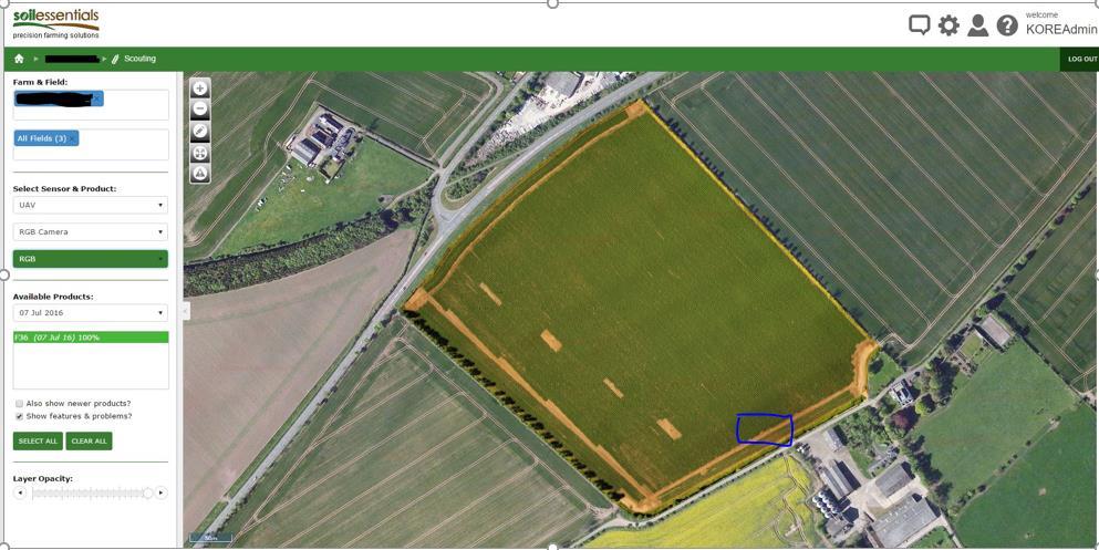 Figure 2 Image of whole field of potatoes from UAV Once the images have been processed the UAV image is displayed over a background of a bing or google map.