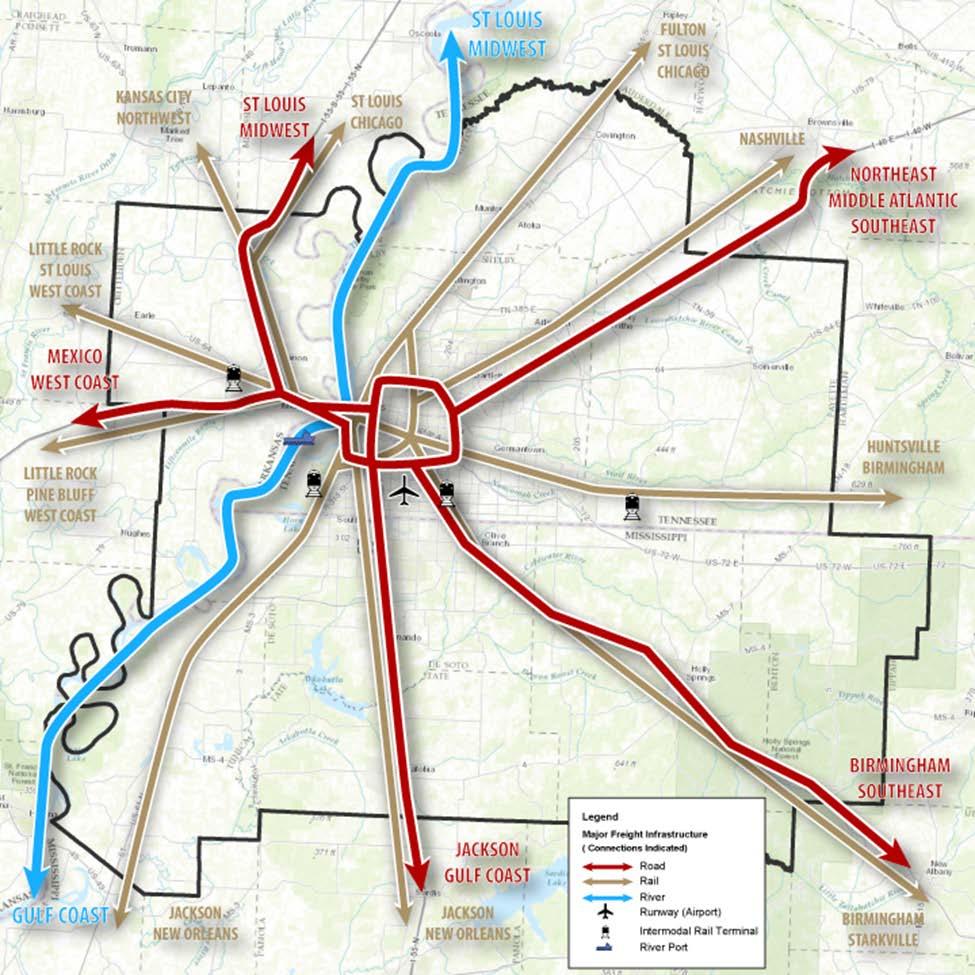 Figure 1-6: Major Connections for the Greater Memphis Region Road The Greater Memphis region contains more than 840 miles of Interstate and US designated highways 3.