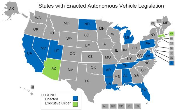 Figure 11-1: States with Enacted Autonomous Vehicle Legislation Source: National Conference of State