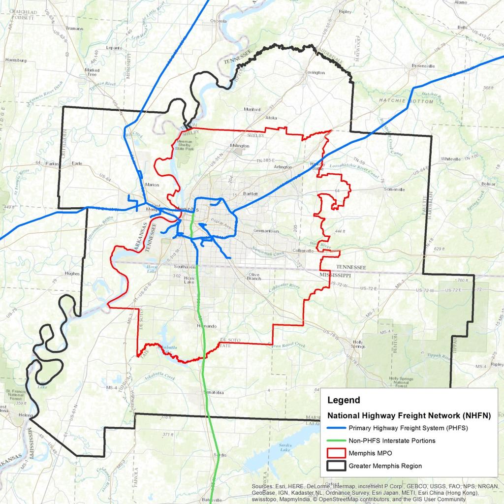 Figure 5-7: Greater Memphis Regional Primary Highway Freight System and Other Interstate Portions States and in certain cases, Metropolitan Planning Organizations (MPOs), are responsible for