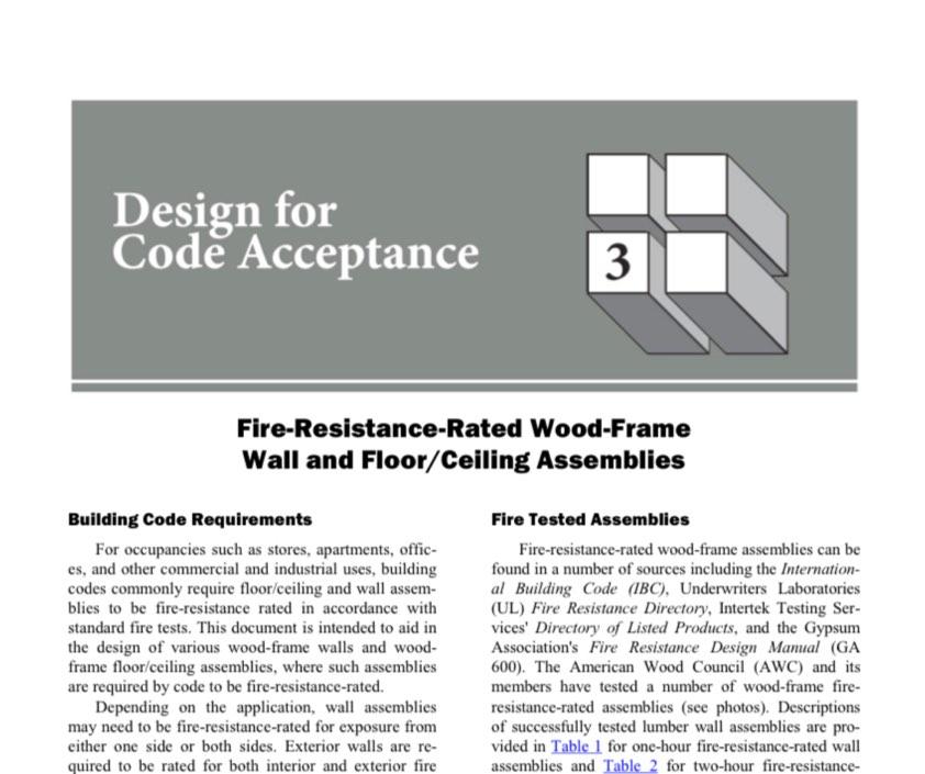 Calculated Fire Resistance of Wood AWC s DCA3 provides floor to wall intersection detailing options Although
