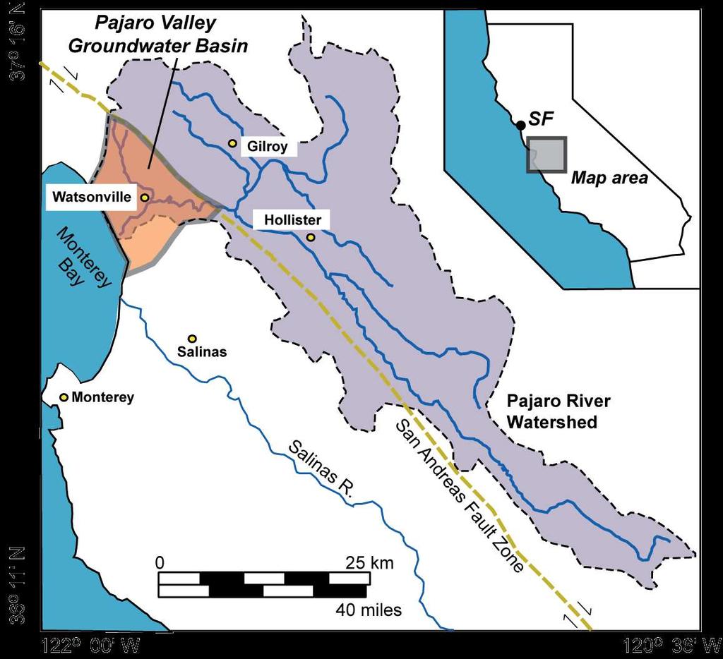 Pajaro River and Pajaro Valley Groundwater basins PVGB, lower PR basin, mostly Santa Cruz and northern Monterey Counties Primary fresh water resource is